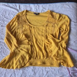 Express Mustard Yellow Boho Bell Sleeve Crop Top Smocked Gauze XS Festival